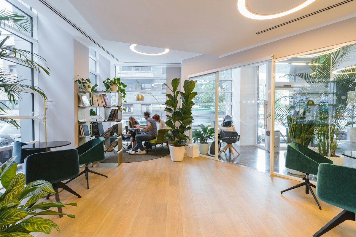 Oficina moderna y luminosa con plantas, butacas y paredes claras.